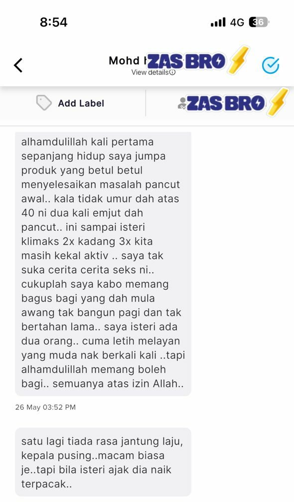 Tangkapan skrin WhatsApp pelanggan ZasBro