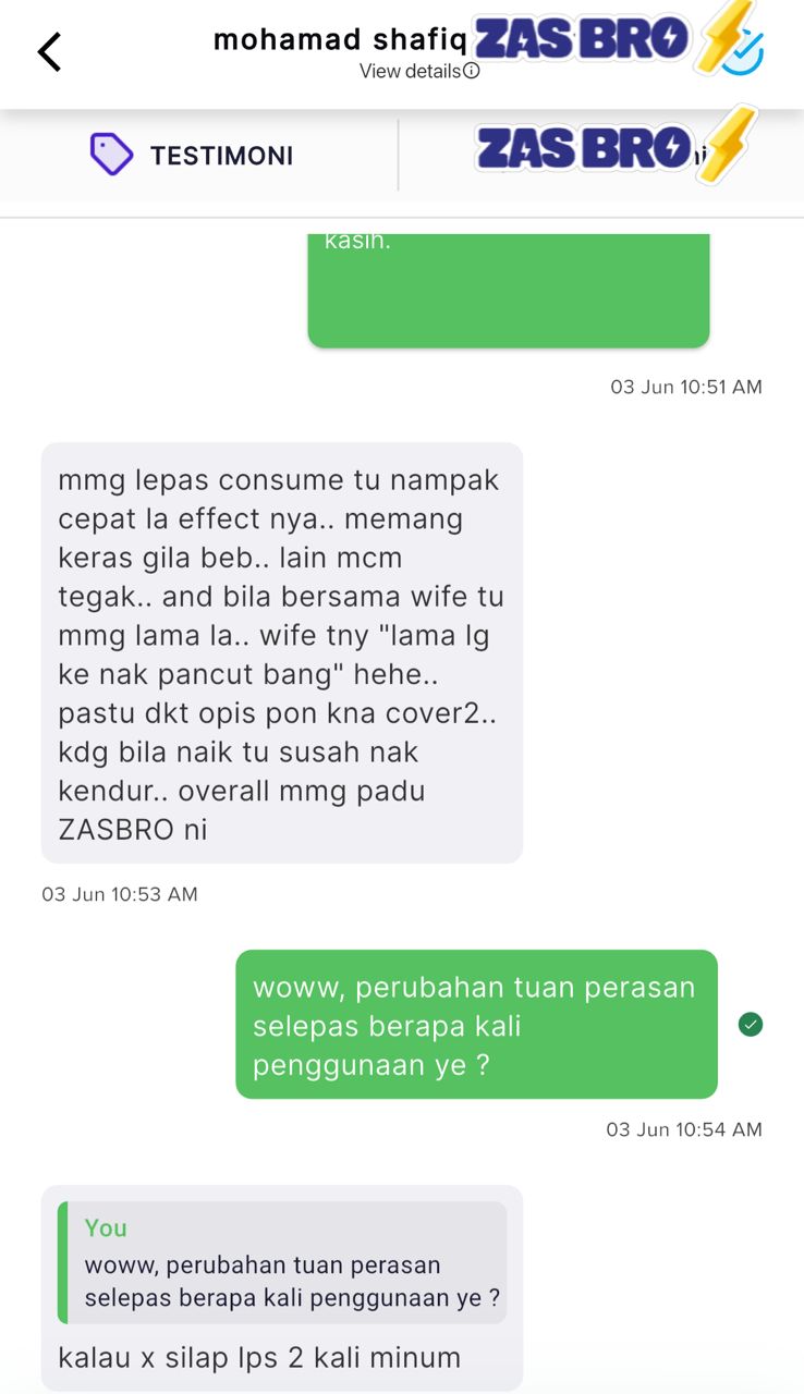 Tangkapan skrin WhatsApp pelanggan ZasBro