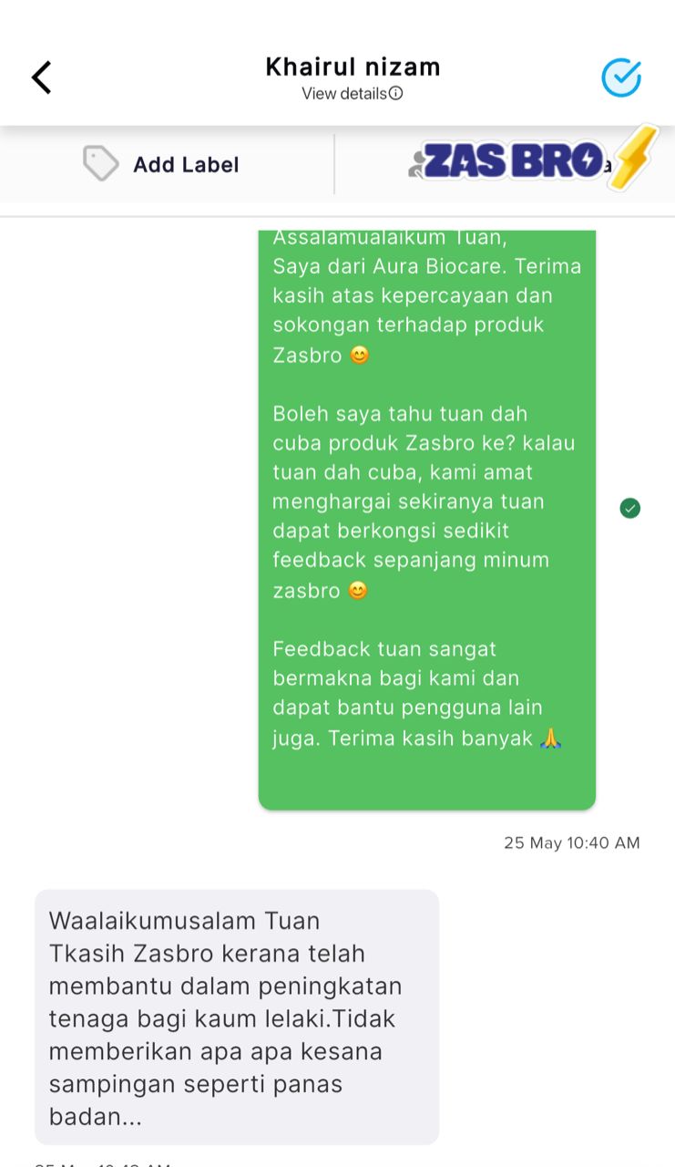 Tangkapan skrin WhatsApp pelanggan ZasBro